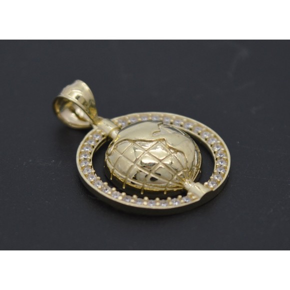 Real 10K Solid Yellow Gold 28.5mm World Charm Textured CZ Pendant 2.9 grams - Picture 3 of 6